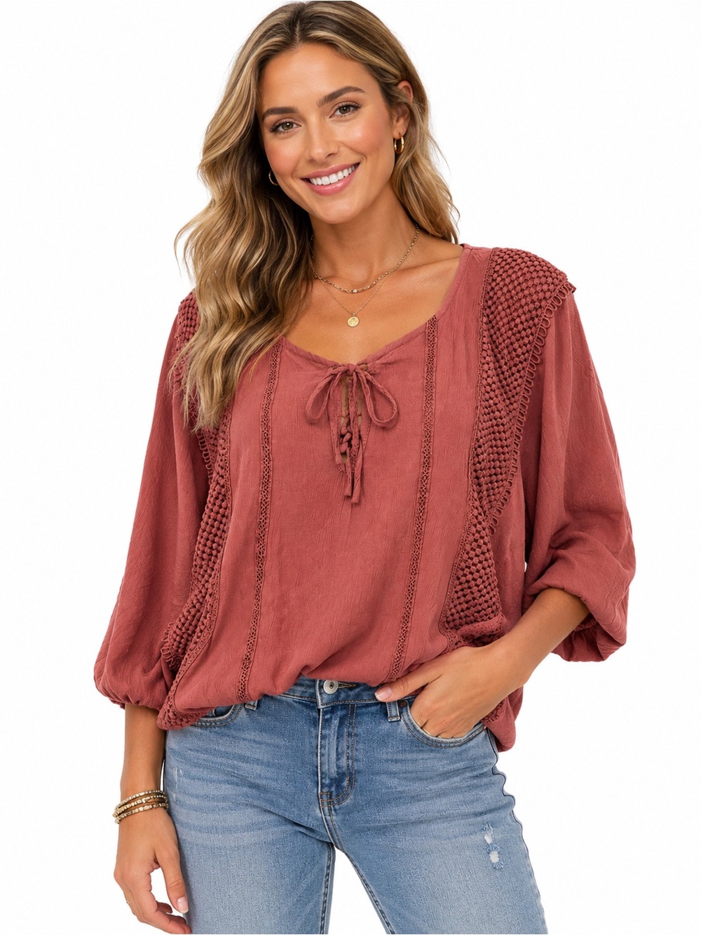 Daytrip Rust Lace-Detail Women's Peasant Blouse - Picture 1 of 6
